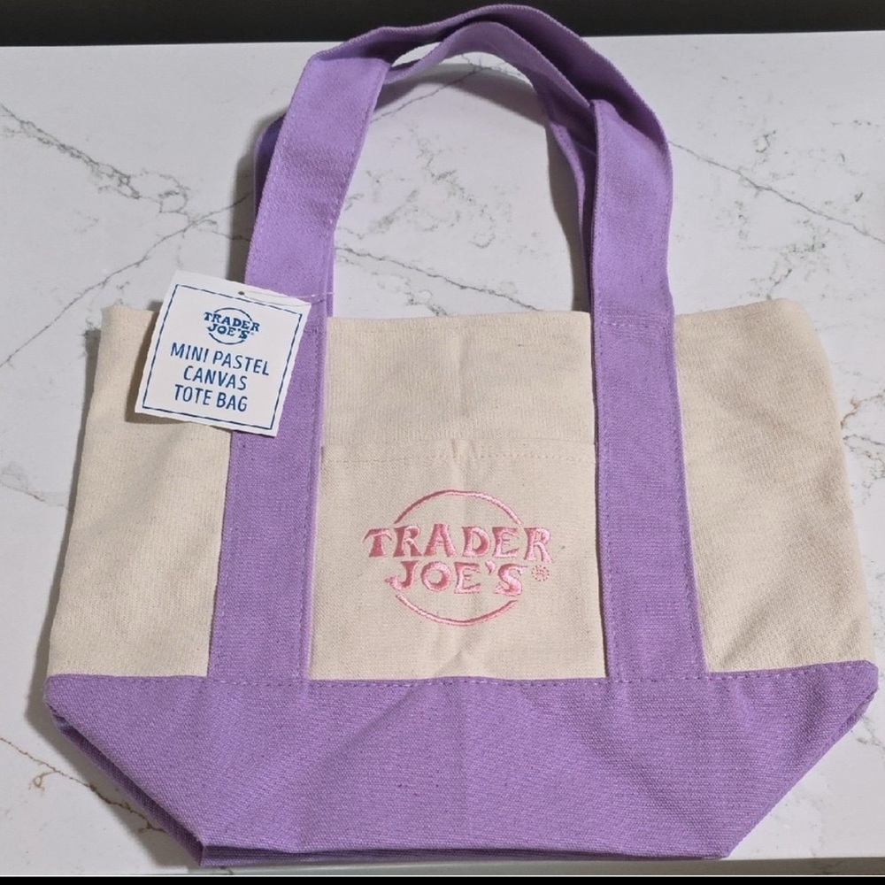 Trader Joe's Purple and Cream Canvas mini Tote Bag